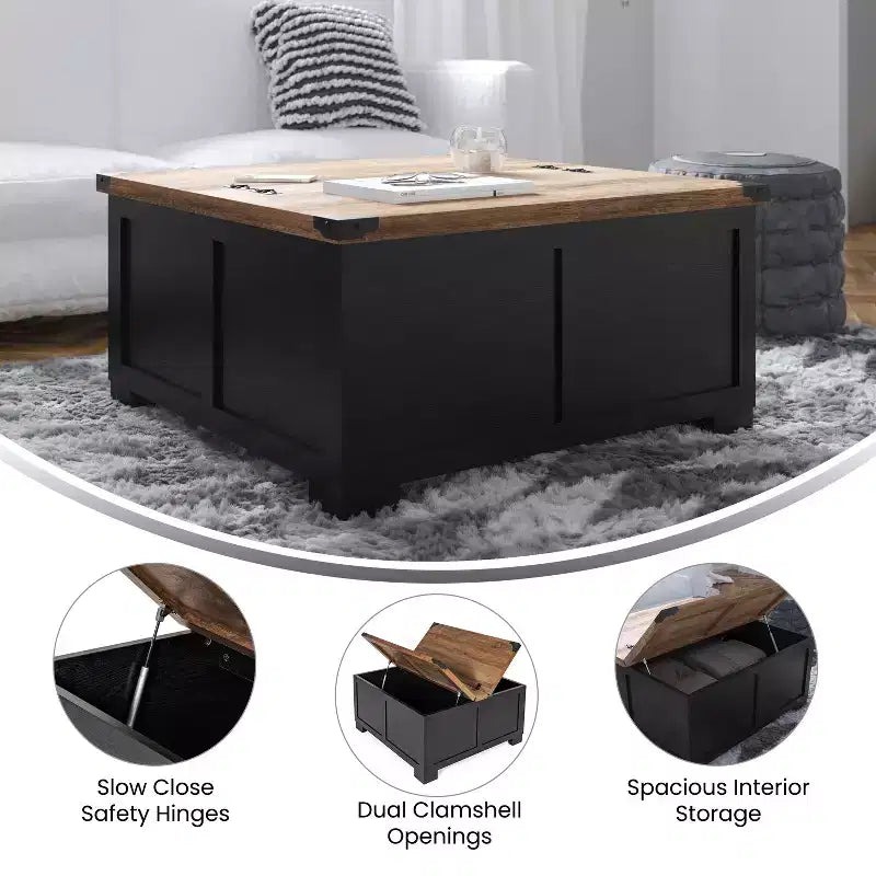 Flash Furniture Wyatt - Table basse de rangement style ferme avec plateau relevable à charnière, grande table basse avec rangement dissimulé