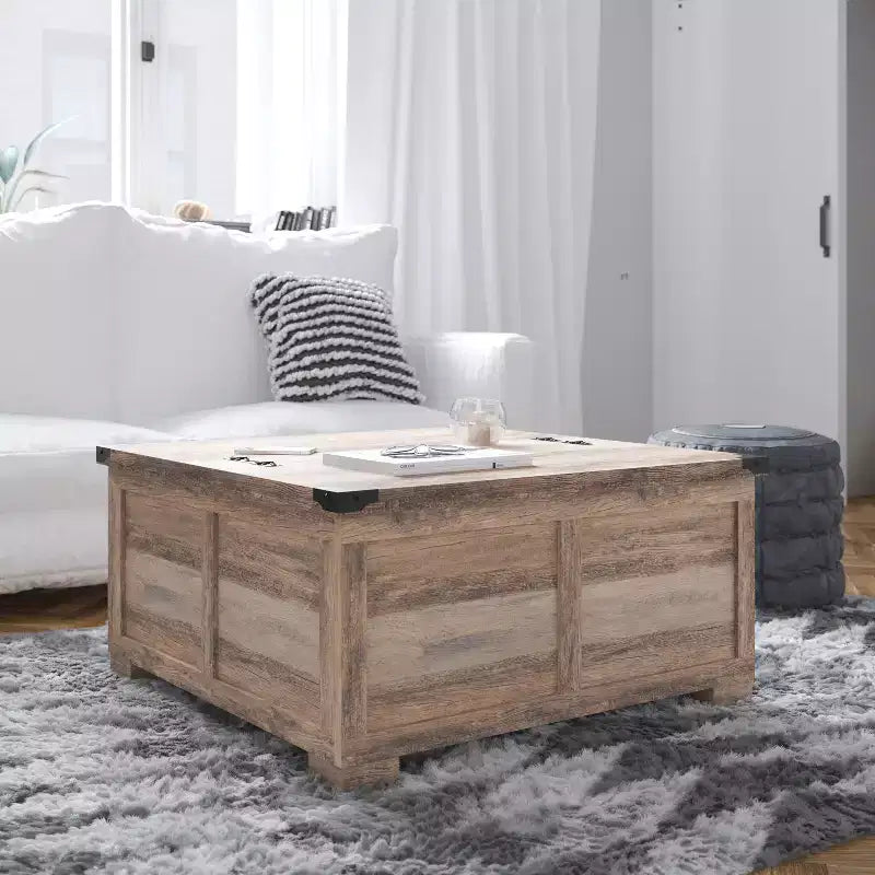 Flash Furniture Wyatt - Table basse de rangement style ferme avec plateau relevable à charnière, grande table basse avec rangement dissimulé