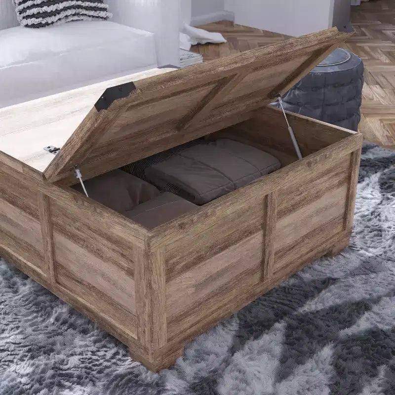 Flash Furniture Wyatt - Table basse de rangement style ferme avec plateau relevable à charnière, grande table basse avec rangement dissimulé