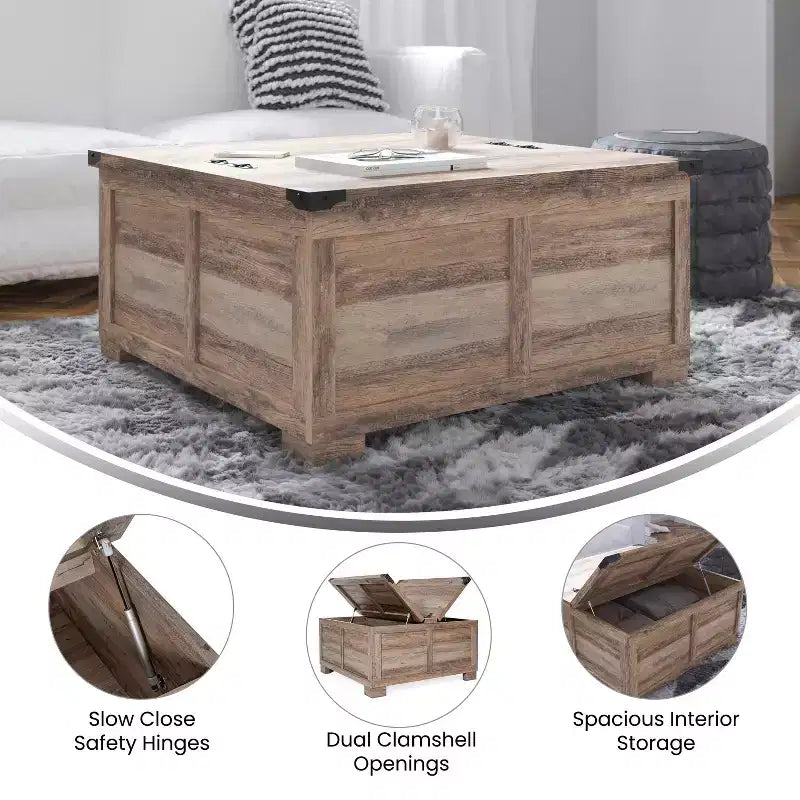 Flash Furniture Wyatt - Table basse de rangement style ferme avec plateau relevable à charnière, grande table basse avec rangement dissimulé