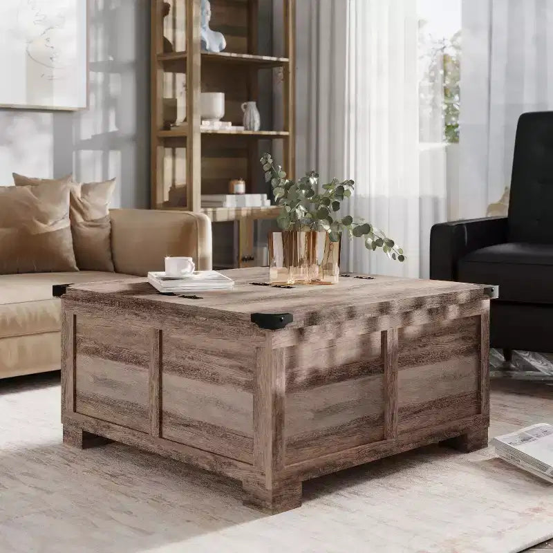 Table basse Emma et Oliver Farmhouse avec plateau à charnières style coquillage et rangement dissimulé