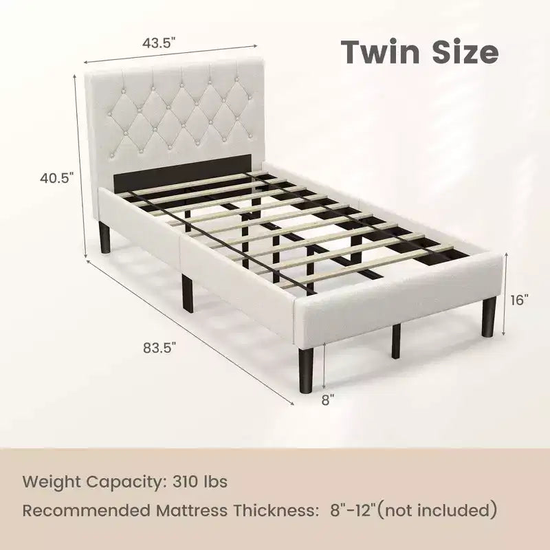 Lit plateforme tapissé Costway, taille simple, tête de lit capitonnée, support à lattes en bois