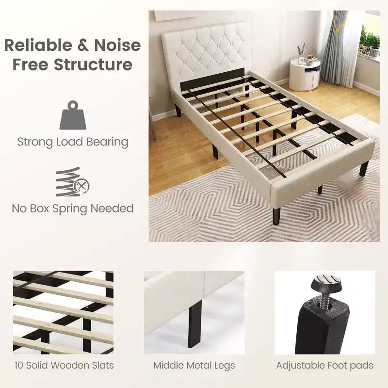 Lit plateforme tapissé Costway, taille simple, tête de lit capitonnée, support à lattes en bois