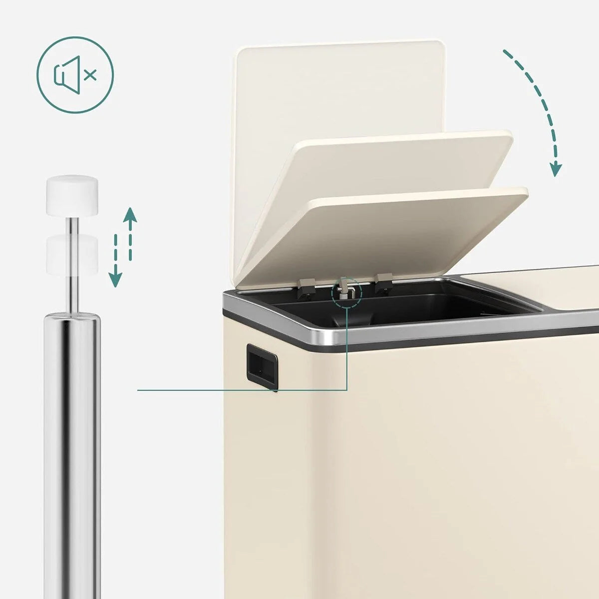 SONGMICS Poubelle double, 60L en acier inoxydable, Amande