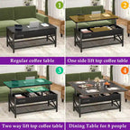 Table basse moderne noire extensible à plateau relevable convertible en table de salle à manger avec lumière LED et prise de courant