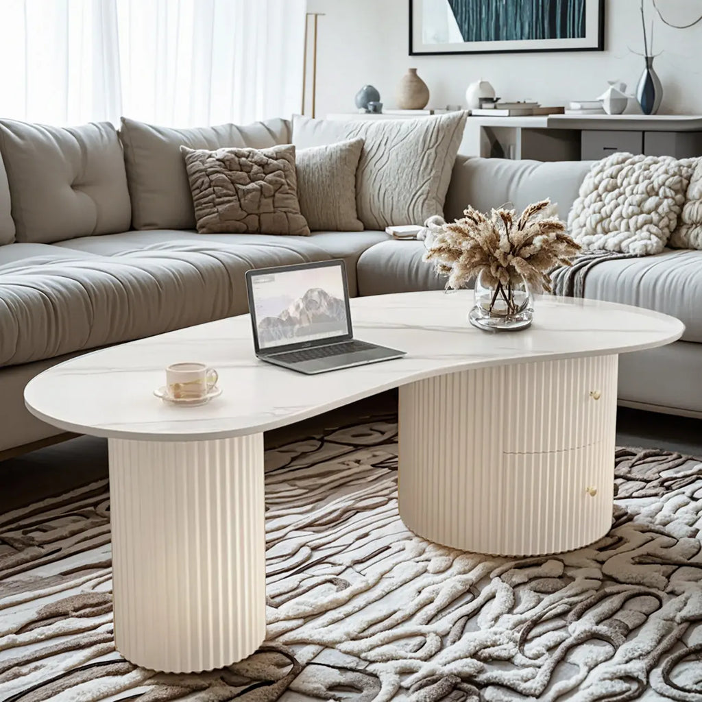 Table basse ovale standard minimaliste blanche avec 2 tiroirs