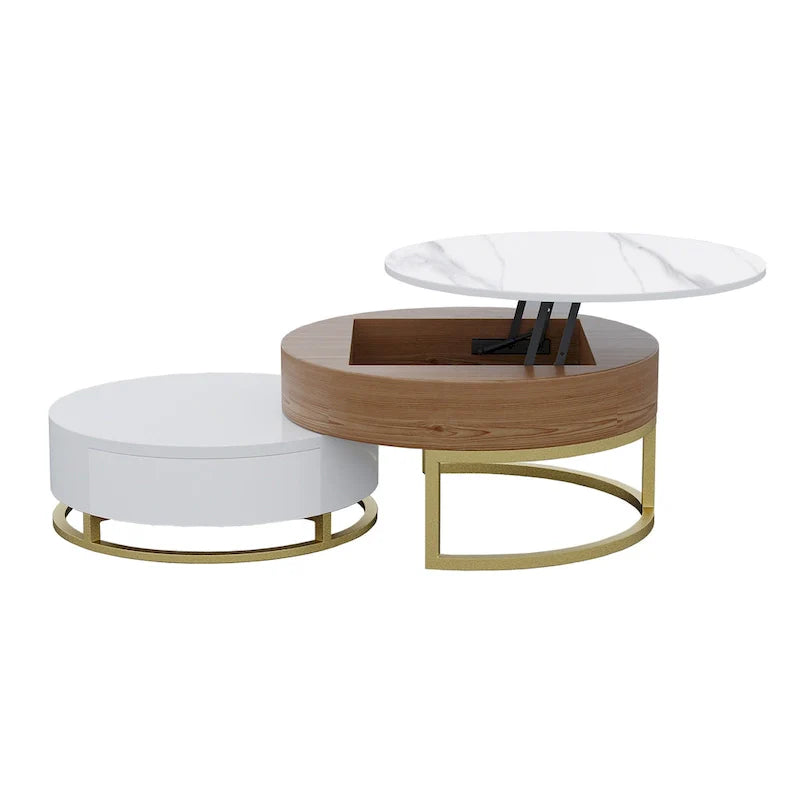 Table basse ronde blanche avec rangement, plateau relevable en bois, avec tiroirs rotatifs blanc naturel
