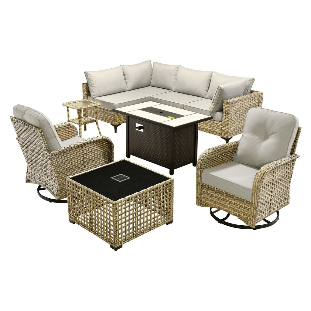 Ensemble de 9 chaises pivotantes en osier OVIOS pour l'extérieur avec table brasero