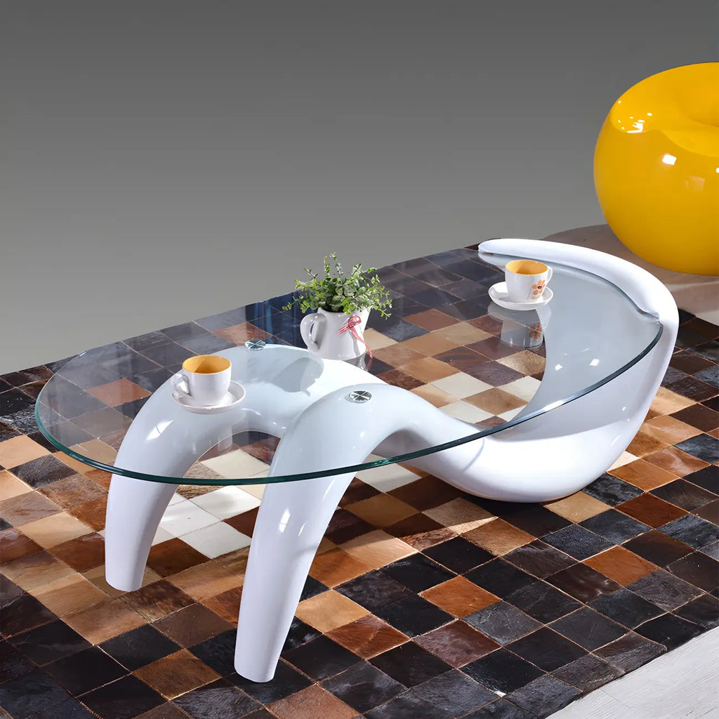 Table basse ovale moderne avec plateau en verre et base en métal
