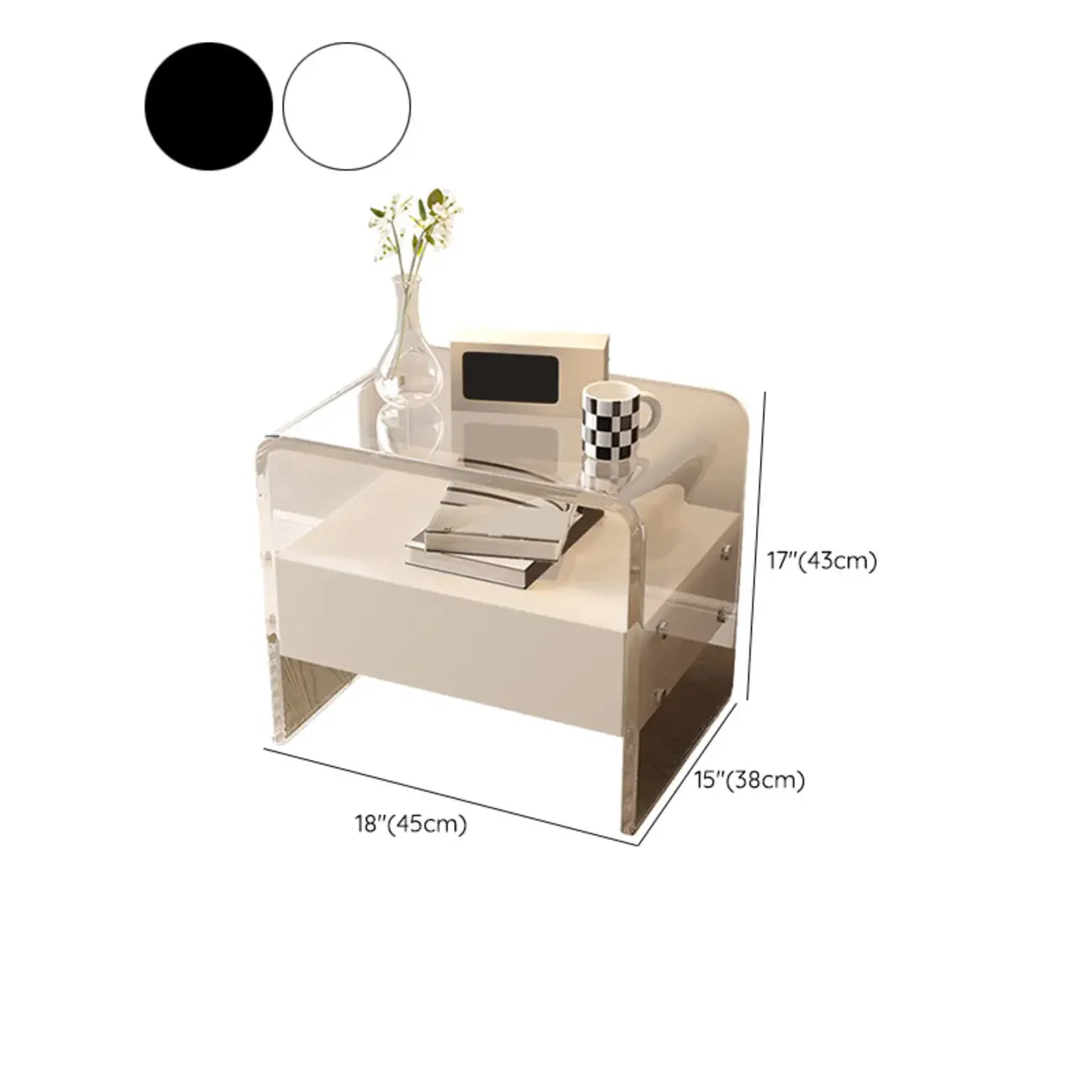 Table de chevet avec tiroirs de rangement en acrylique blanc transparent