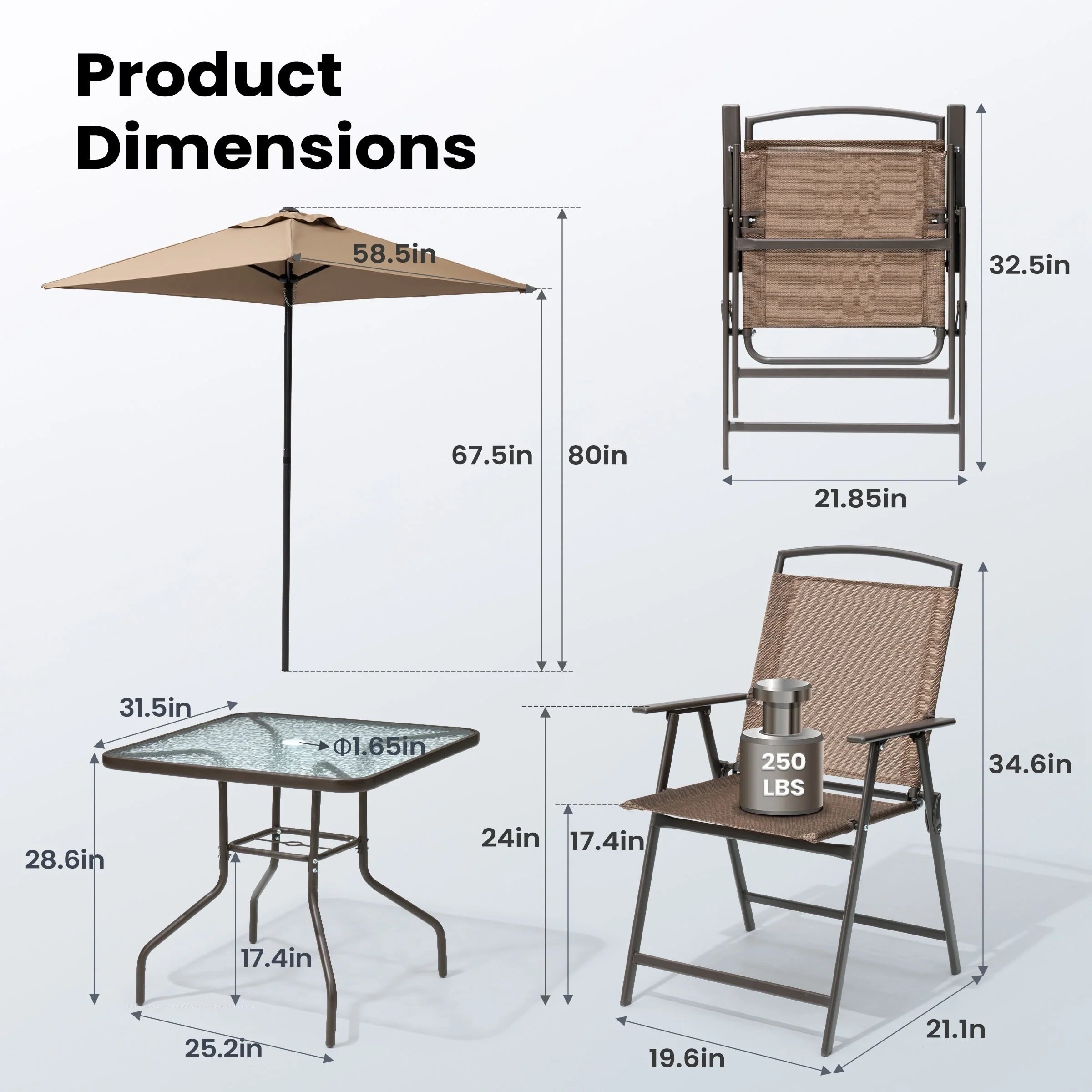 Ensemble de patio 6 pièces Pellebant avec table, parasol et 4 chaises pliantes - 22,4 L x 26,8 P x 34,4 H
