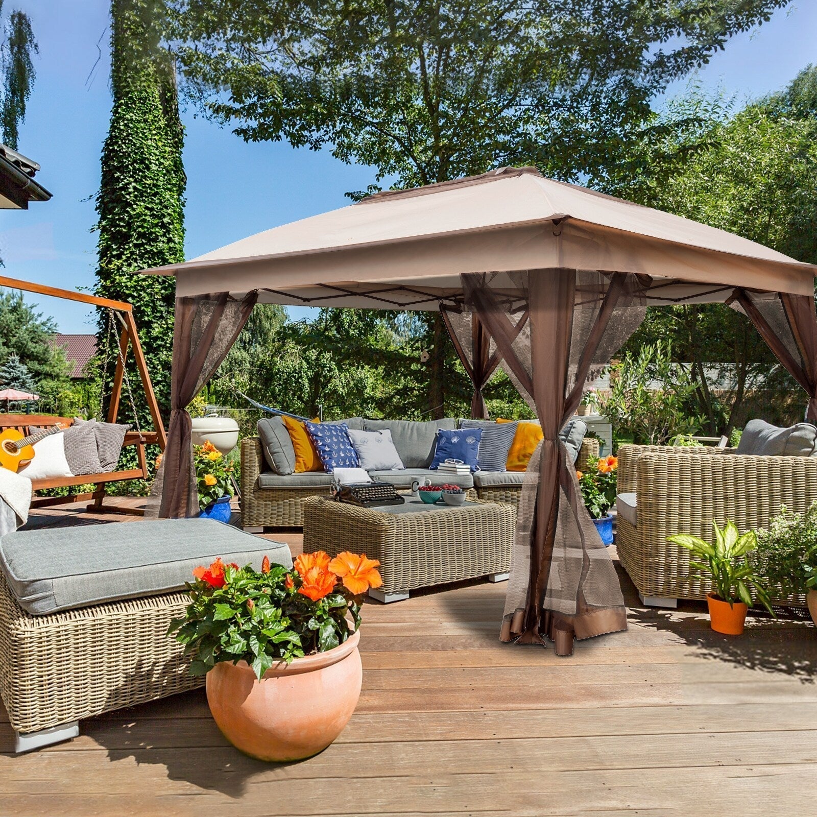 Tonnelle escamotable en acier Cozywor de 3,35 m x 3,35 m avec moustiquaire