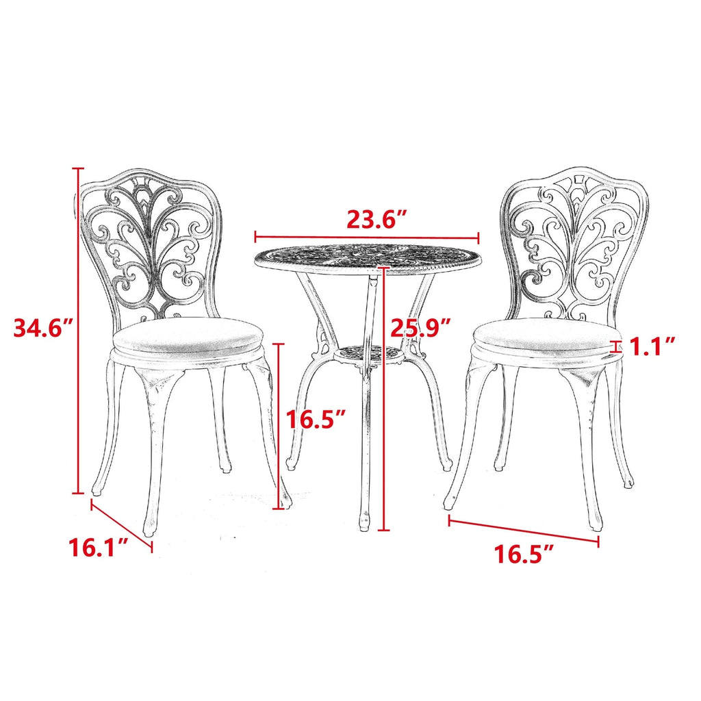 Table et chaises de patio extérieur en aluminium 3 pièces avec trou pour parasol