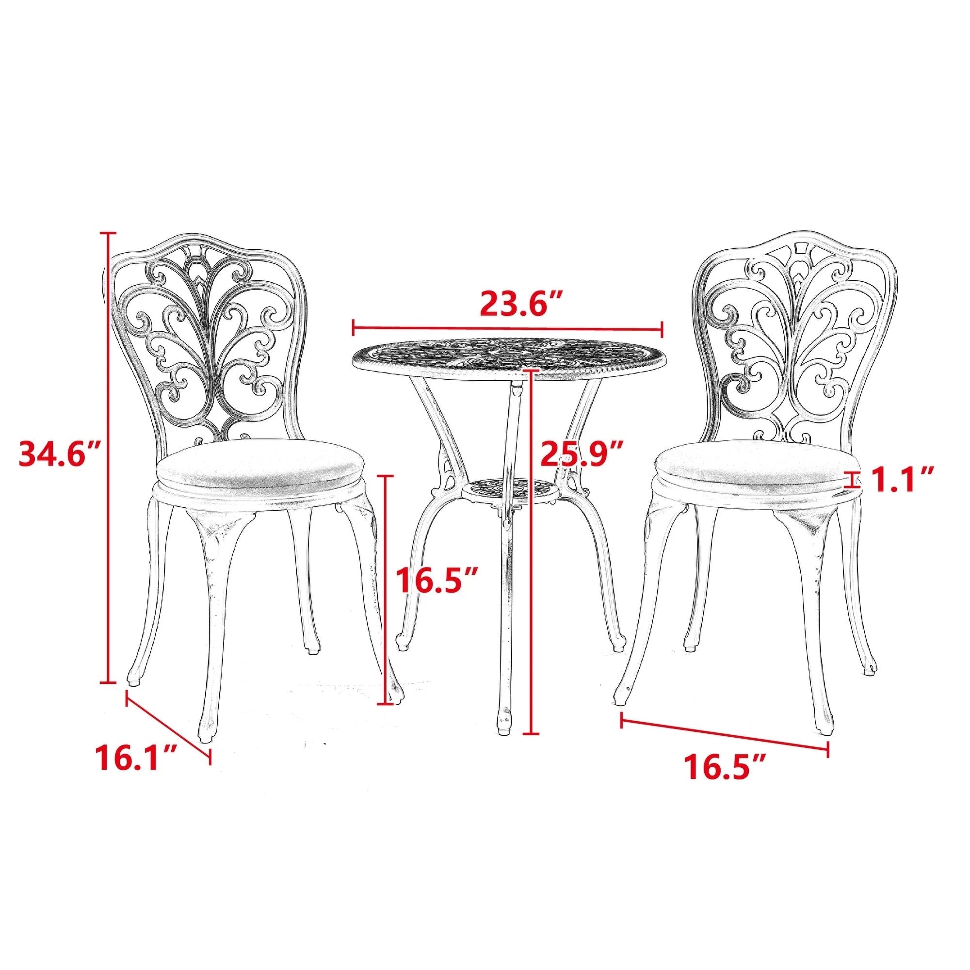 Table et chaises de patio extérieur en aluminium 3 pièces avec trou pour parasol