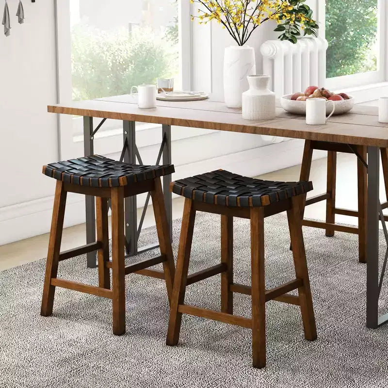 Costway Lot de 2 tabourets de comptoir tissés 64,8 cm en similicuir PU pour cuisine Noir/Beige