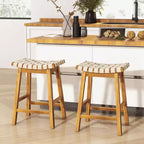 Costway Lot de 2 tabourets de comptoir tissés 64,8 cm en similicuir PU pour cuisine Noir/Beige