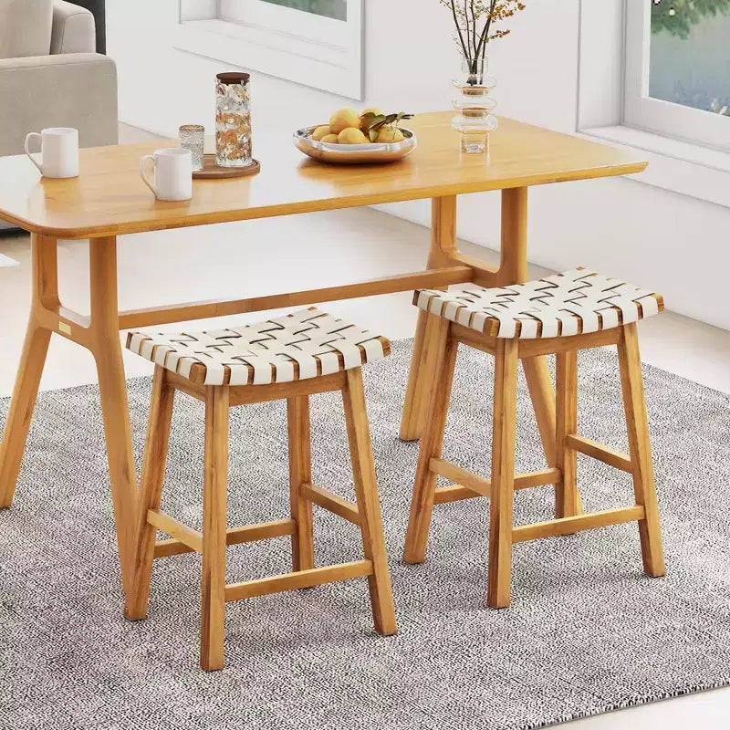 Costway Lot de 2 tabourets de comptoir tissés 64,8 cm en similicuir PU pour cuisine Noir/Beige