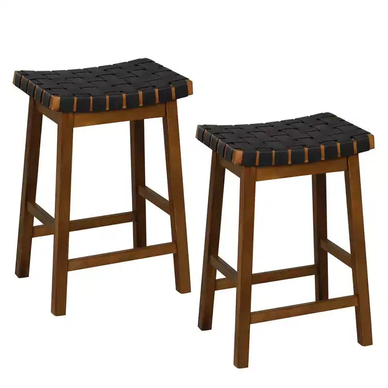 Costway Lot de 2 tabourets de comptoir tissés 64,8 cm en similicuir PU pour cuisine Noir/Beige