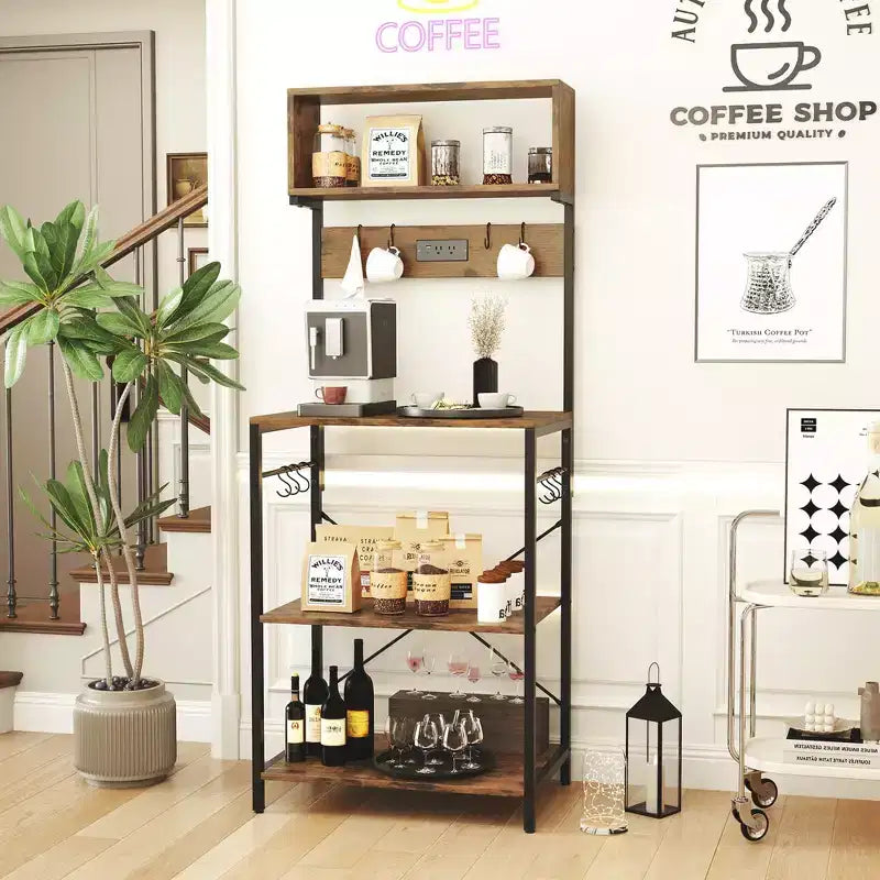 Étagère de cuisine Costway pour boulangers à 5 niveaux, station de café avec prise de courant, rangement et étagères ouvertes