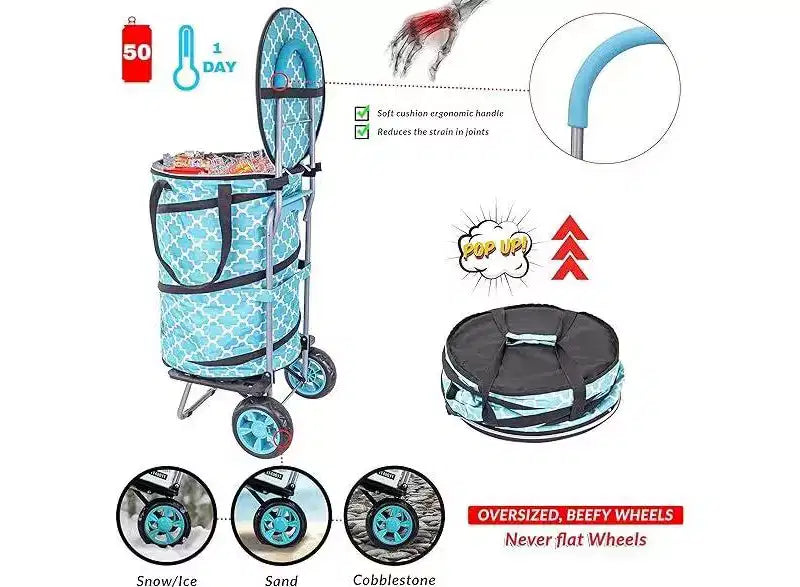 dbest products Chariot de courses isotherme pliable à roulettes Moroccan Tile, grand sac amovible, glacière de plage roulante