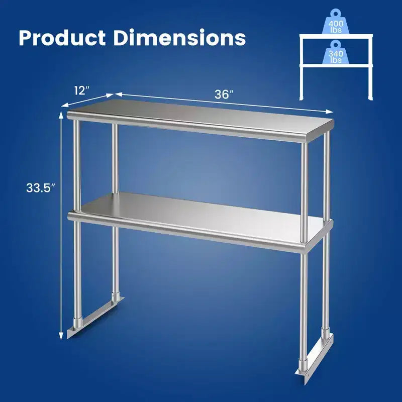 Costway Étagère supérieure à 2 niveaux de 91,4 cm pour table de préparation et de travail, en acier inoxydable, tablette inférieure réglable