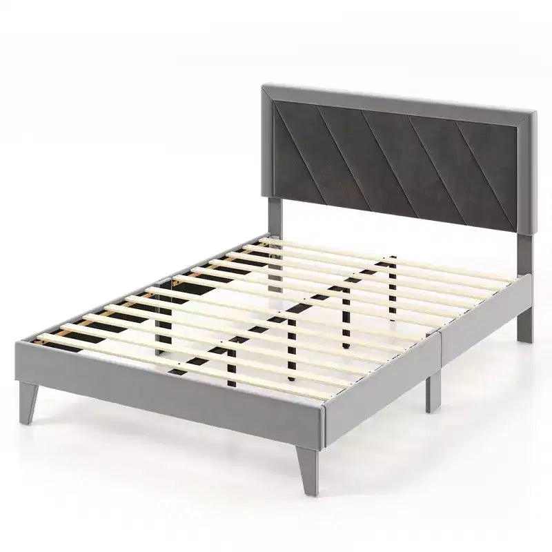 Costway Cadre de Lit Capitonnage Velours avec Tête de lit Sommier à Lattes en Bois Taille Grand/Double/Simple Gris