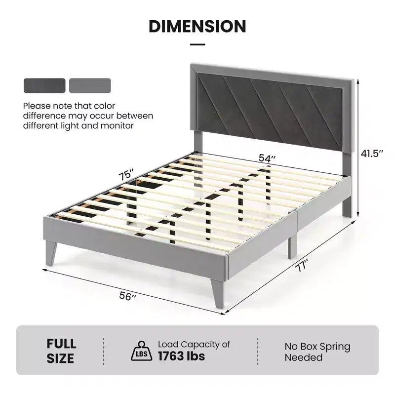 Costway Cadre de Lit Capitonnage Velours avec Tête de lit Sommier à Lattes en Bois Taille Grand/Double/Simple Gris