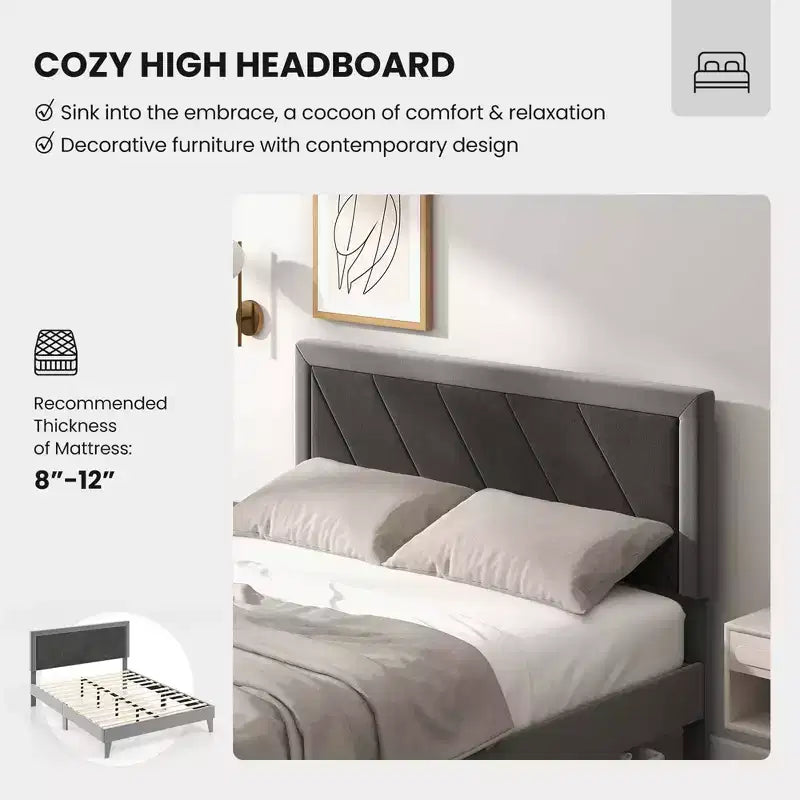 Costway Cadre de Lit Capitonnage Velours avec Tête de lit Sommier à Lattes en Bois Taille Grand/Double/Simple Gris