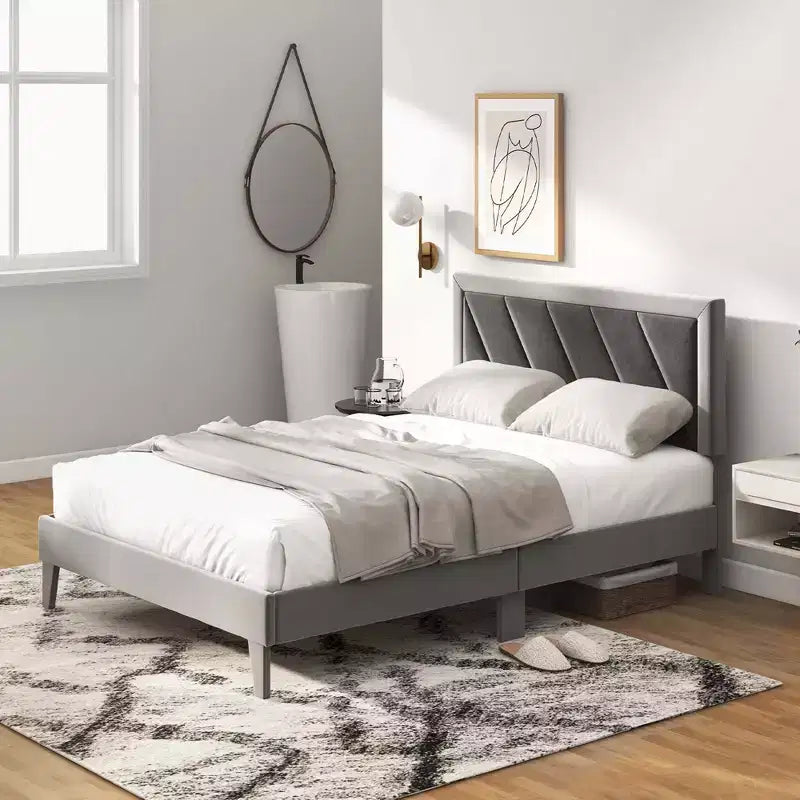Costway Cadre de Lit Capitonnage Velours avec Tête de lit Sommier à Lattes en Bois Taille Grand/Double/Simple Gris