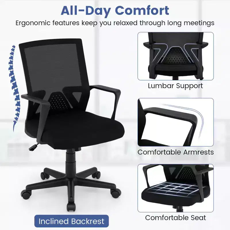 Chaise de bureau pivotante et basculante en maille Costway réglable avec accoudoirs et soutien lombaire