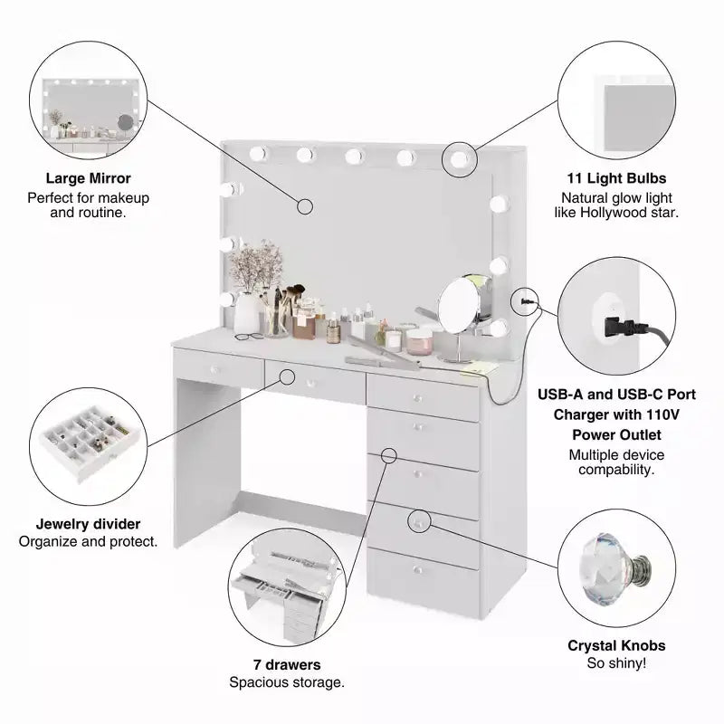 Coiffeuse Maquillage Lumineuse Nuit avec Boutons - Boahaus