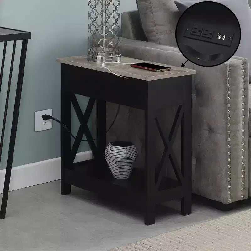 Table d'appoint relevable Oxford avec station de charge et étagère Faux - Breighton Home