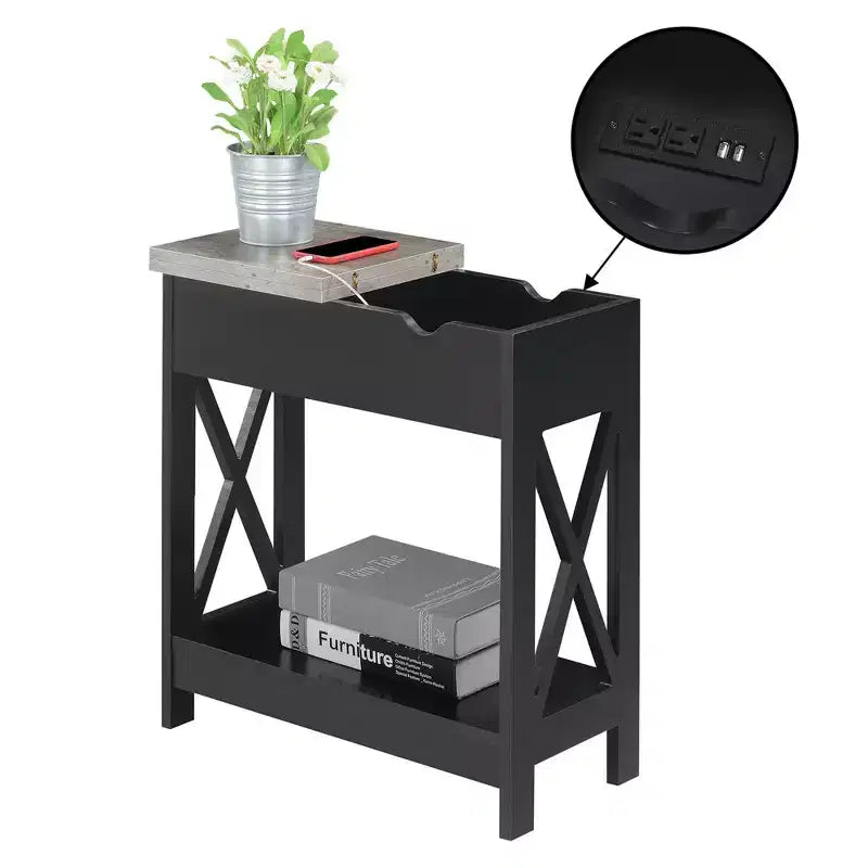 Table d'appoint relevable Oxford avec station de charge et étagère Faux - Breighton Home