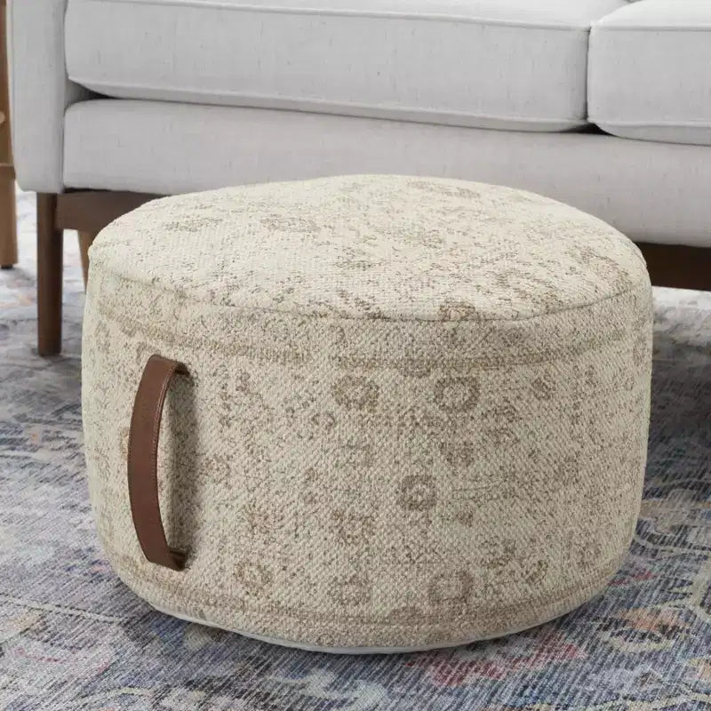 Pouf tambour d'intérieur Nourison artisanal à motif floral vintage de 20 x 20 x 12 avec poignée