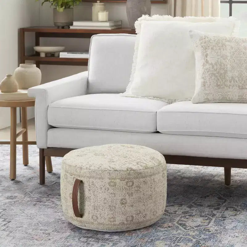 Pouf tambour d'intérieur Nourison artisanal à motif floral vintage de 20 x 20 x 12 avec poignée