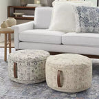 Pouf tambour d'intérieur Nourison artisanal à motif floral vintage de 20 x 20 x 12 avec poignée