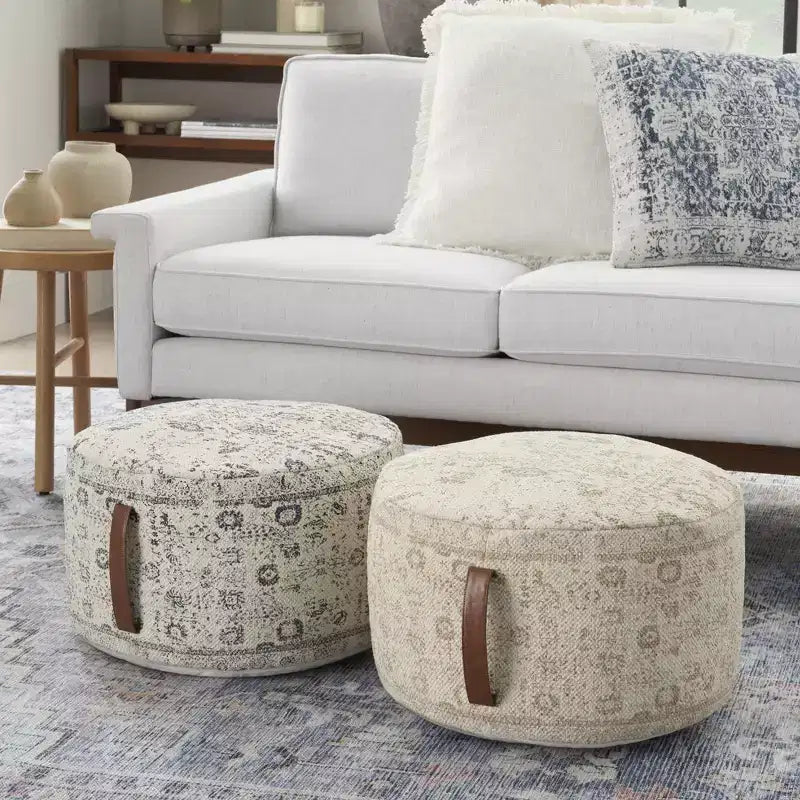 Pouf tambour d'intérieur Nourison artisanal à motif floral vintage de 20 x 20 x 12 avec poignée