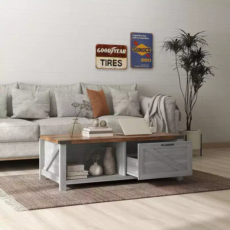 Table basse HOMCOM de style ferme avec tiroir de rangement et étagère ouverte, table basse rustique pour salon