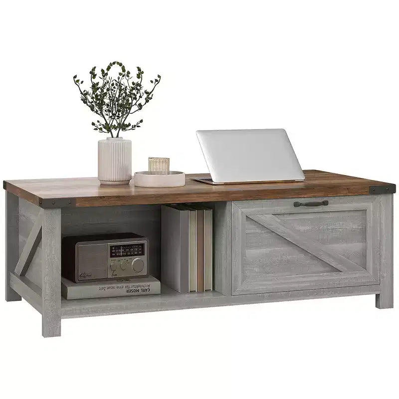 HOMCOM Farmhouse Coffee Table with Storage Drawer and Open Shelf, Rustic Coffee Table for Living Room