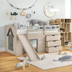 Lit mezzanine bas double Costway avec toboggan, échelle, tiroirs de rangement et espace de jeu en bois