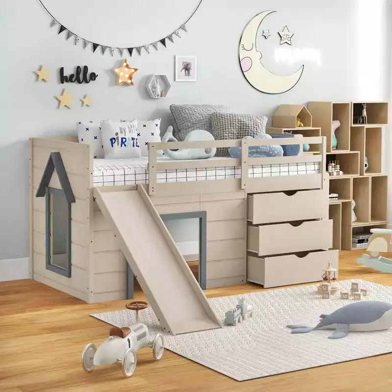 Lit mezzanine bas double Costway avec toboggan, échelle, tiroirs de rangement et espace de jeu en bois