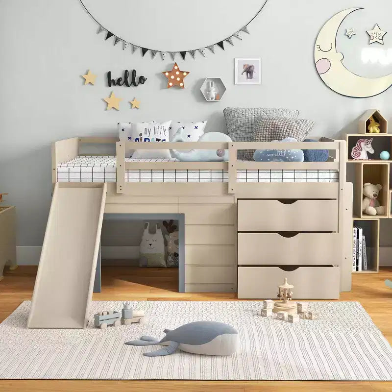 Lit mezzanine bas double Costway avec toboggan, échelle, tiroirs de rangement et espace de jeu en bois