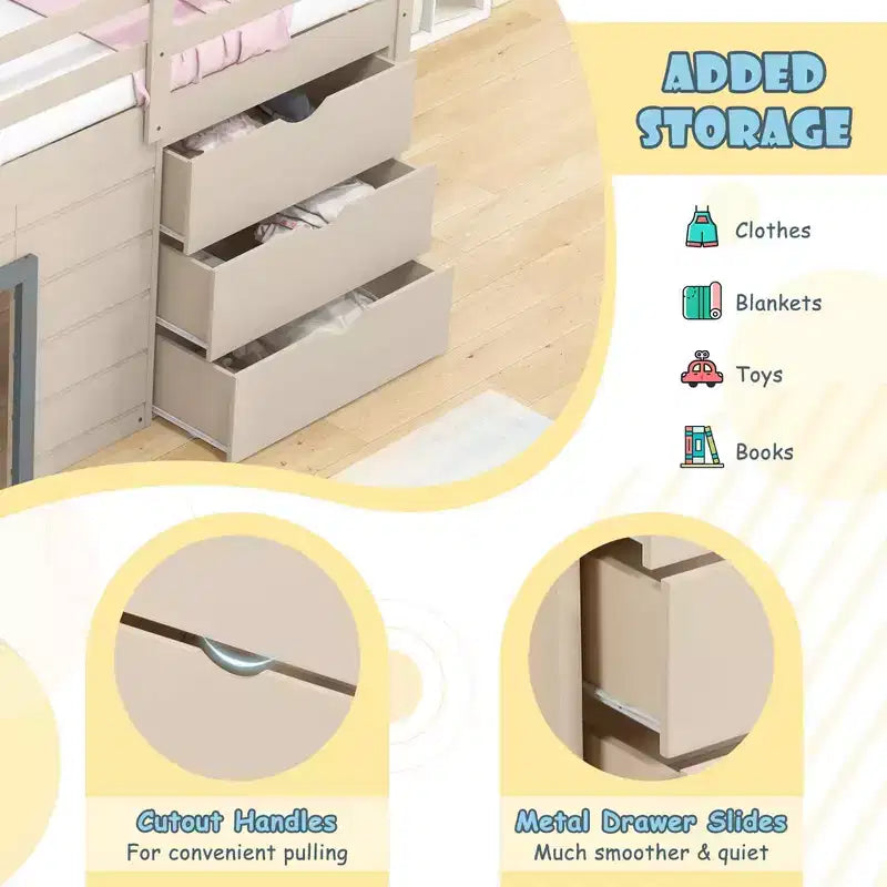 Lit mezzanine bas double Costway avec toboggan, échelle, tiroirs de rangement et espace de jeu en bois