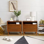 Table de Chevet Margery Mid-century Modern 2 Tiroirs avec Prises Intégrées, Gestion des Câbles et Étagère Ouverte, Ensemble de 2 | HULALA HOME