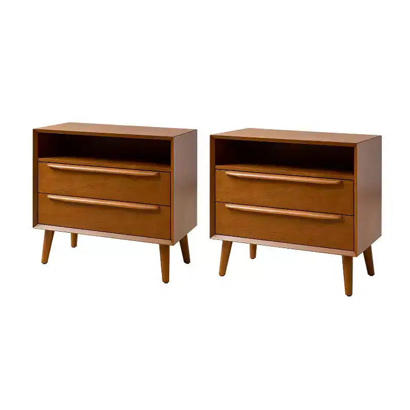 Margery Mid-century Modern 2 - Drawer end table with Built-In Outlets and Cable Management and Open Shelf Set of 2| HULALA HOME