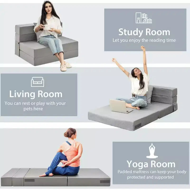 Matelas pliant Costway avec oreiller, canapé-lit pliable en trois de 15 cm avec mousse haute densité