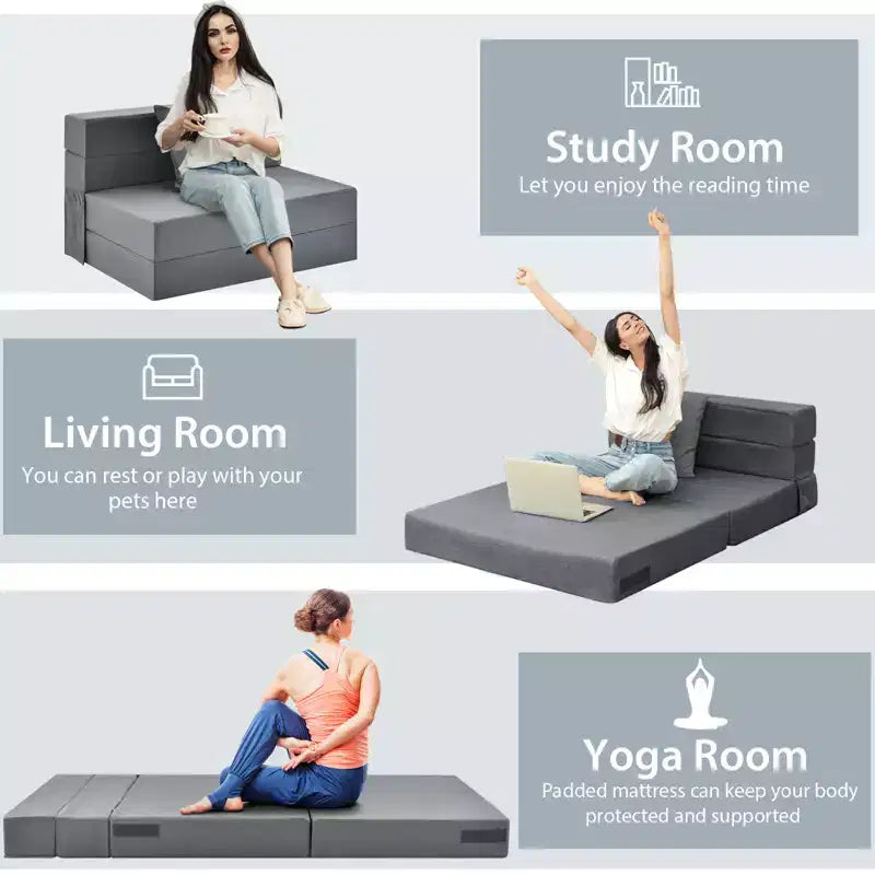 Matelas pliant Costway avec oreiller, canapé-lit pliable en trois de 15 cm avec mousse haute densité