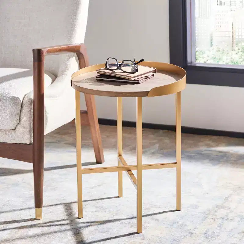Table d'appoint ronde Prague - ACC4208A - Chêne clair/Doré - Safavieh