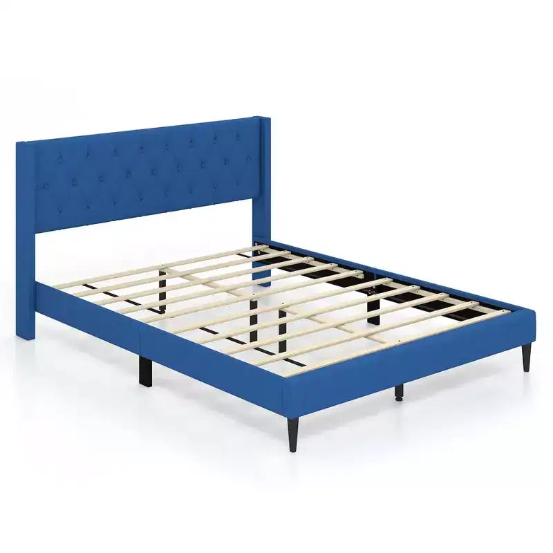 Lit plateforme capitonné Costway Queen Size avec tête de lit à oreilles touffetée de boutons Bleu/Gris