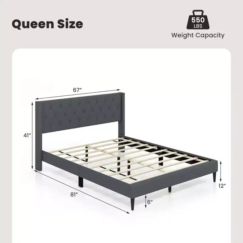Lit plateforme capitonné Costway Queen Size avec tête de lit à oreilles touffetée de boutons Bleu/Gris